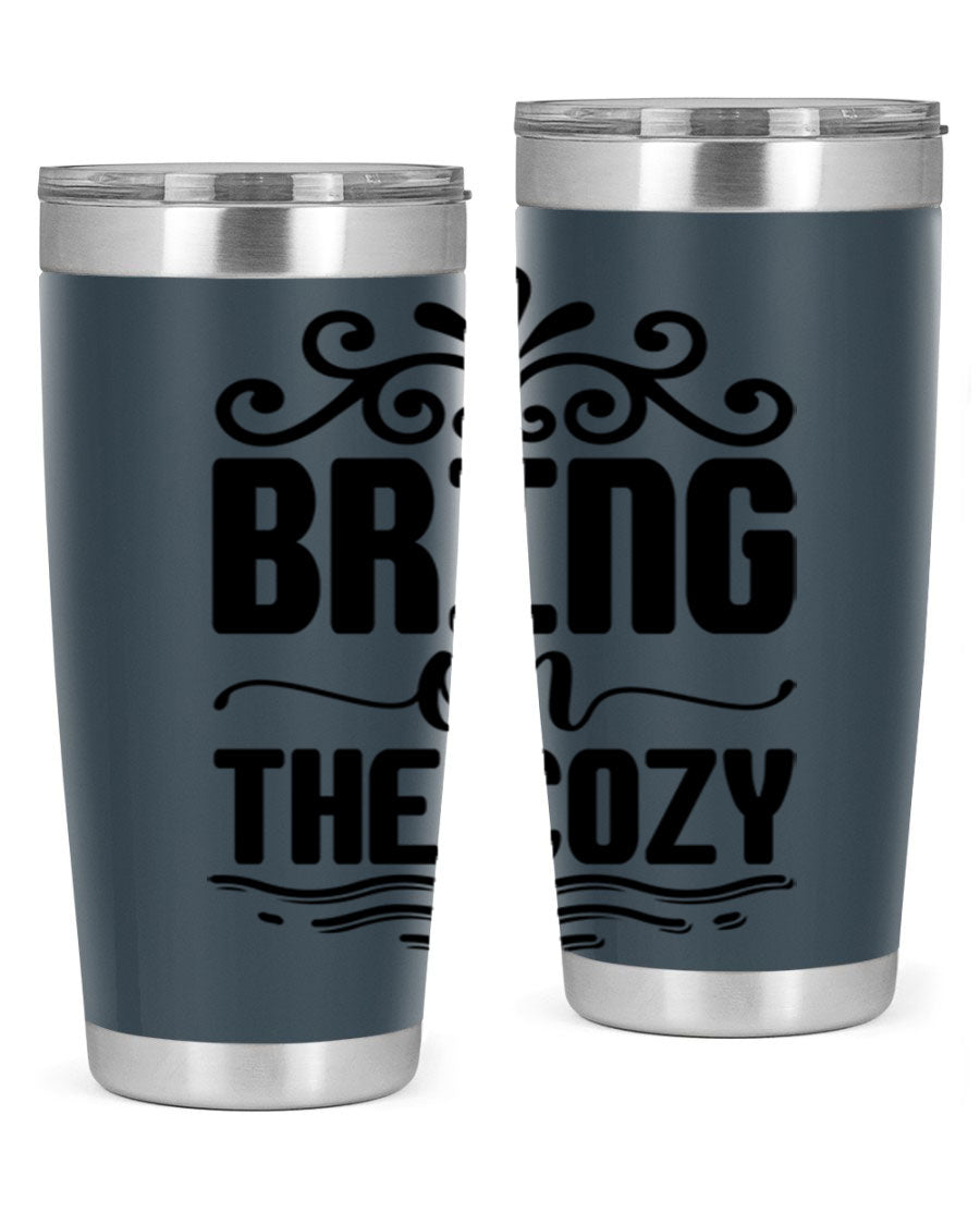 Bring on the Cozy 27# winter tumbler in stainless steel with a drink-thru lid, showcasing its sleek design and double wall insulation.
