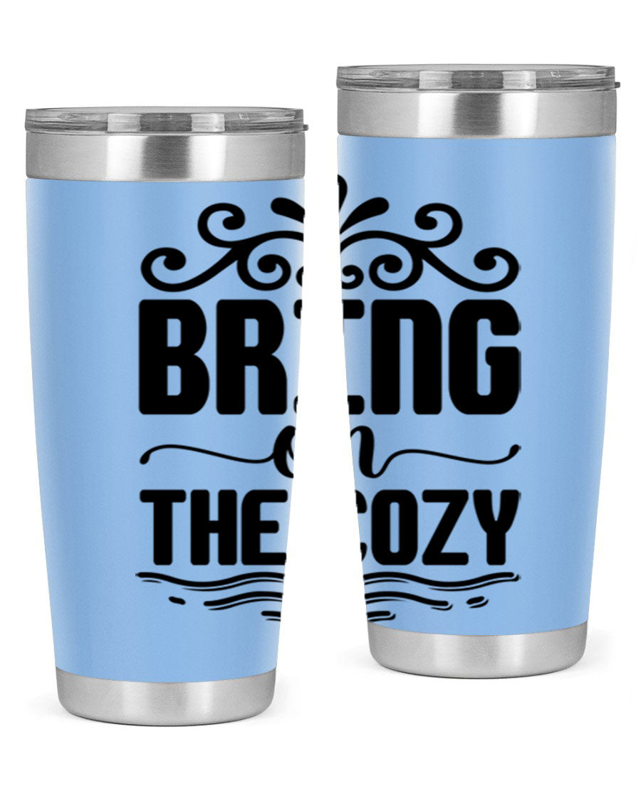Bring on the Cozy 27# winter tumbler in stainless steel with a drink-thru lid, showcasing its sleek design and double wall insulation.