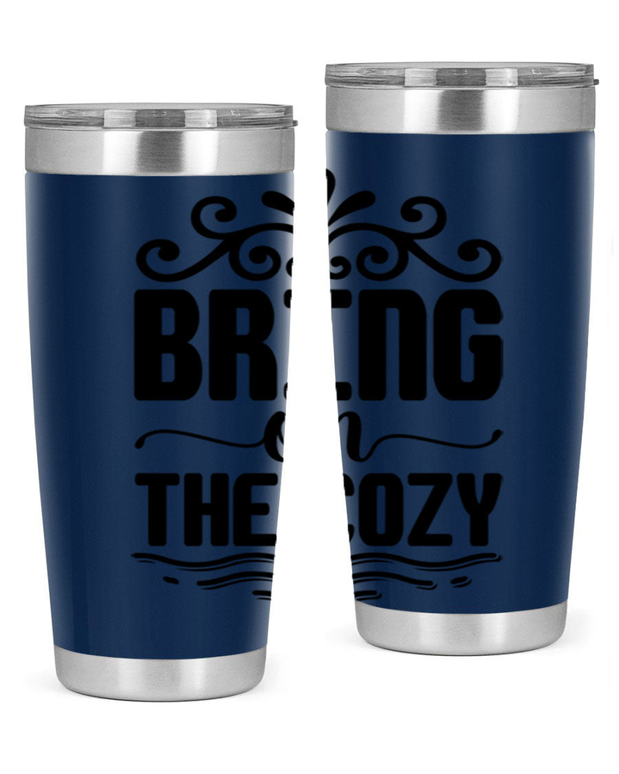 Bring on the Cozy 27# winter tumbler in stainless steel with a drink-thru lid, showcasing its sleek design and double wall insulation.