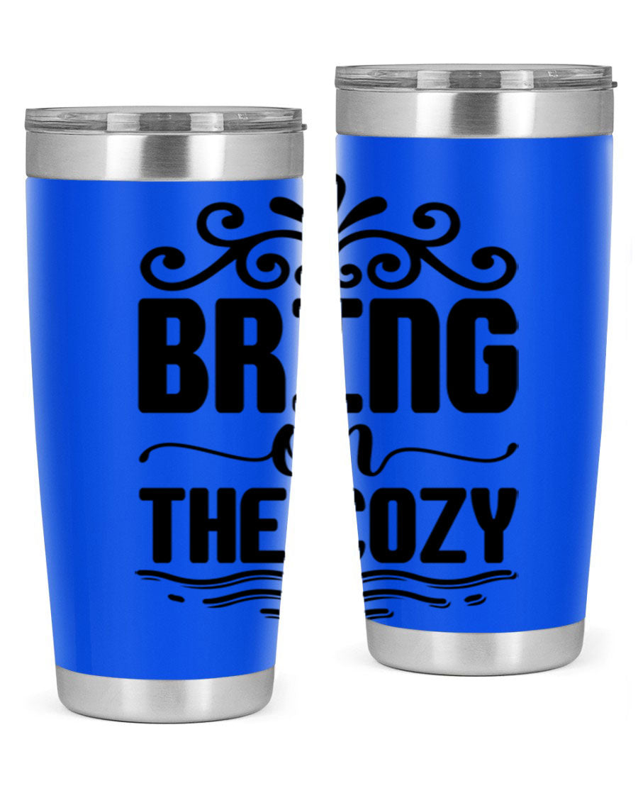 Bring on the Cozy 27# winter tumbler in stainless steel with a drink-thru lid, showcasing its sleek design and double wall insulation.