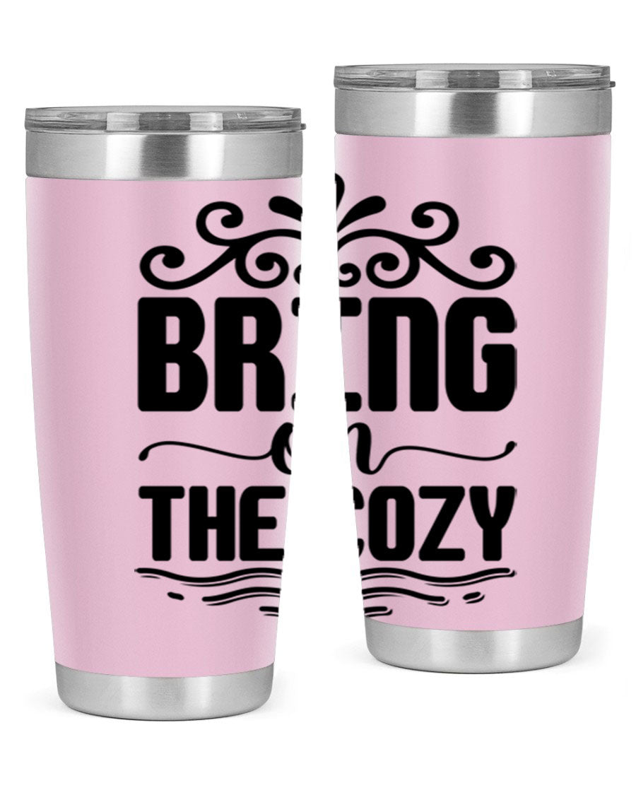 Bring on the Cozy 27# winter tumbler in stainless steel with a drink-thru lid, showcasing its sleek design and double wall insulation.