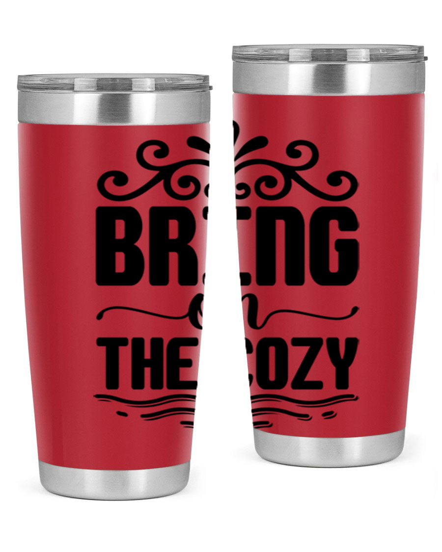 Bring on the Cozy 27# winter tumbler in stainless steel with a drink-thru lid, showcasing its sleek design and double wall insulation.