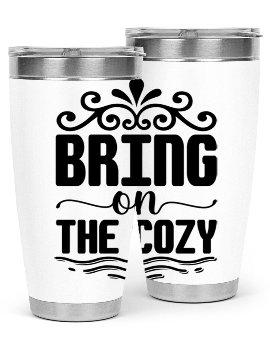 Bring on the Cozy 27# winter tumbler in stainless steel with a drink-thru lid, showcasing its sleek design and double wall insulation.