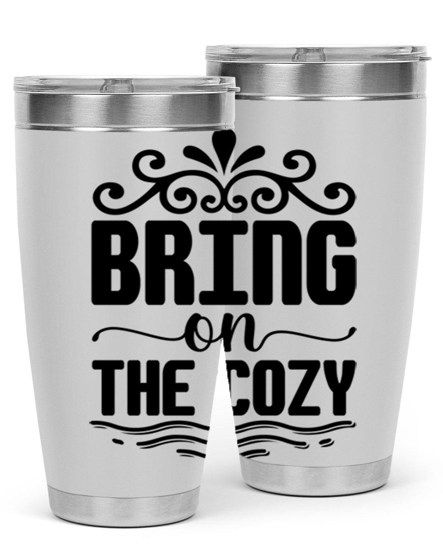 Bring on the Cozy 27# winter tumbler in stainless steel with a drink-thru lid, showcasing its sleek design and double wall insulation.