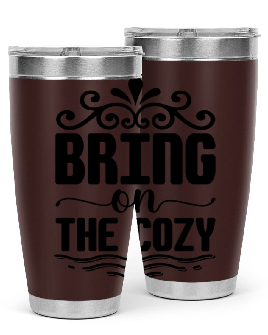 Bring on the Cozy 27# winter tumbler in stainless steel with a drink-thru lid, showcasing its sleek design and double wall insulation.