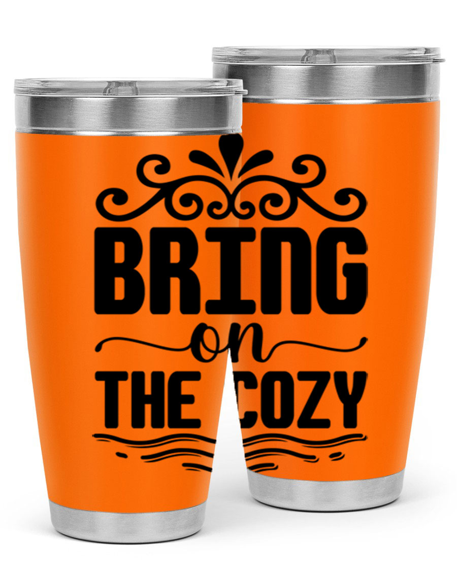 Bring on the Cozy 27# winter tumbler in stainless steel with a drink-thru lid, showcasing its sleek design and double wall insulation.