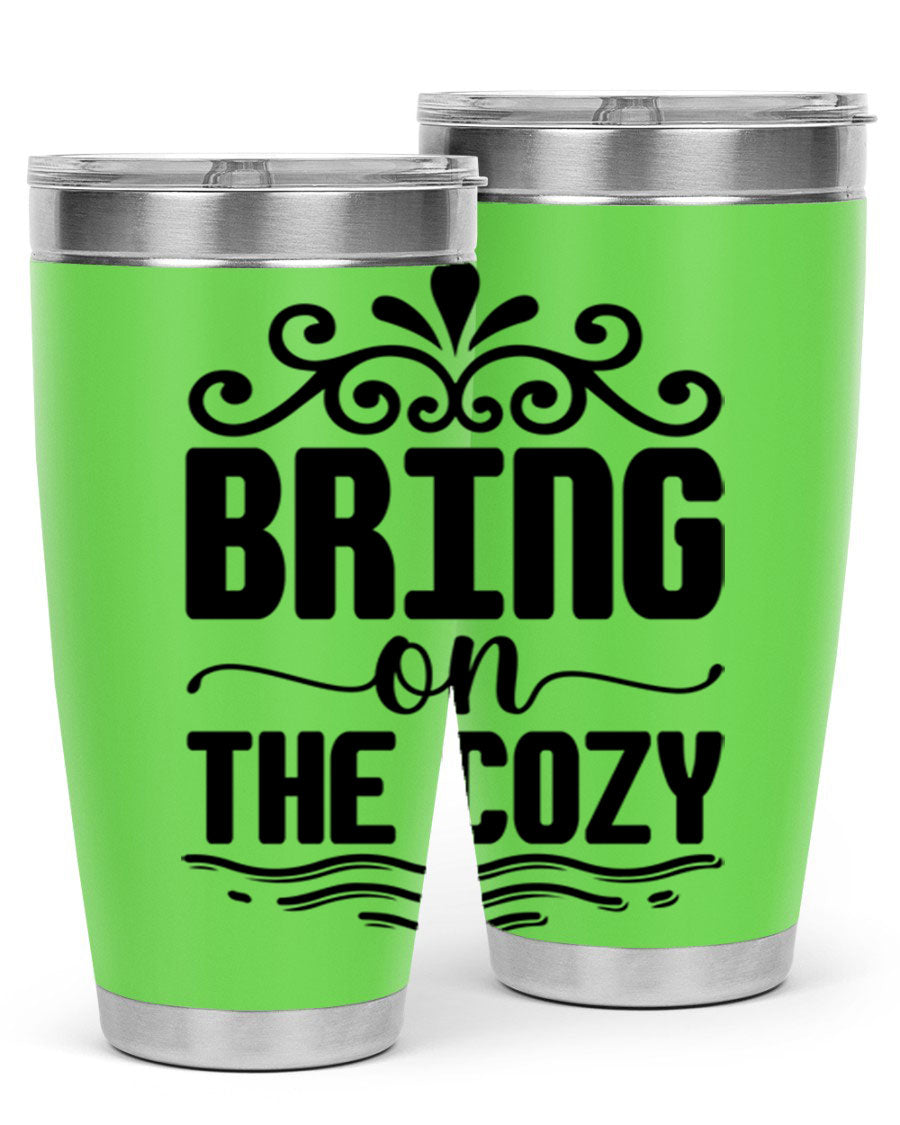 Bring on the Cozy 27# winter tumbler in stainless steel with a drink-thru lid, showcasing its sleek design and double wall insulation.