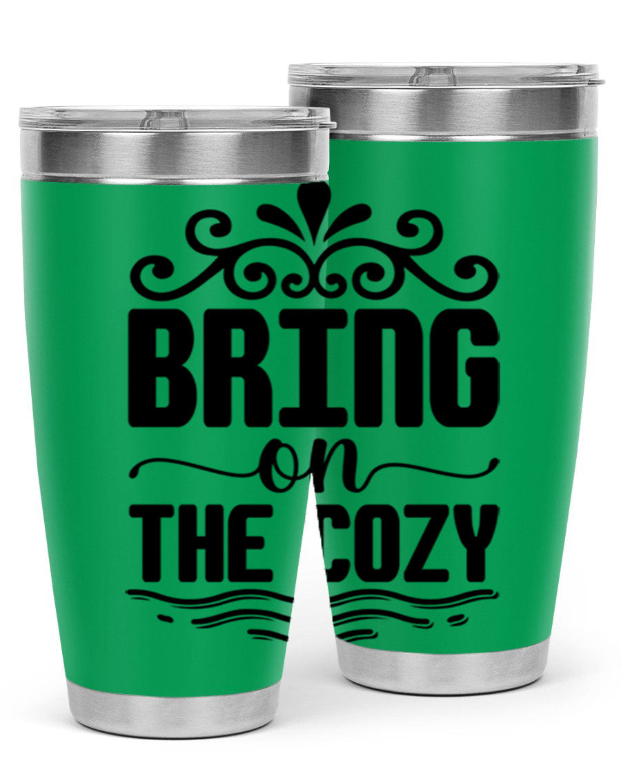 Bring on the Cozy 27# winter tumbler in stainless steel with a drink-thru lid, showcasing its sleek design and double wall insulation.