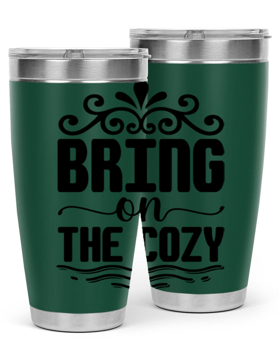 Bring on the Cozy 27# winter tumbler in stainless steel with a drink-thru lid, showcasing its sleek design and double wall insulation.