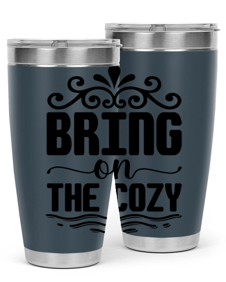Bring on the Cozy 27# winter tumbler in stainless steel with a drink-thru lid, showcasing its sleek design and double wall insulation.
