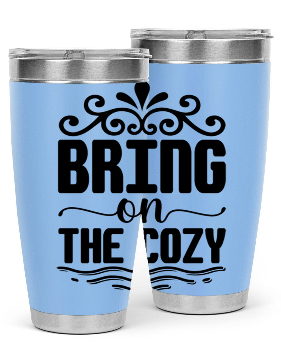 Bring on the Cozy 27# winter tumbler in stainless steel with a drink-thru lid, showcasing its sleek design and double wall insulation.