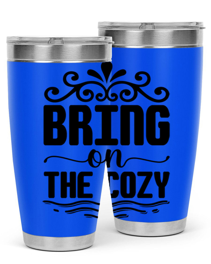 Bring on the Cozy 27# winter tumbler in stainless steel with a drink-thru lid, showcasing its sleek design and double wall insulation.