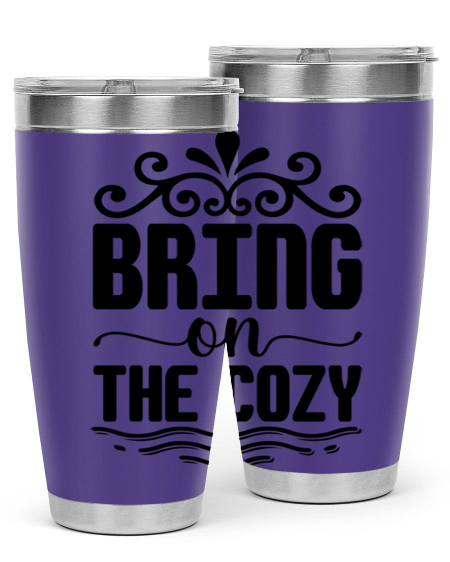Bring on the Cozy 27# winter tumbler in stainless steel with a drink-thru lid, showcasing its sleek design and double wall insulation.