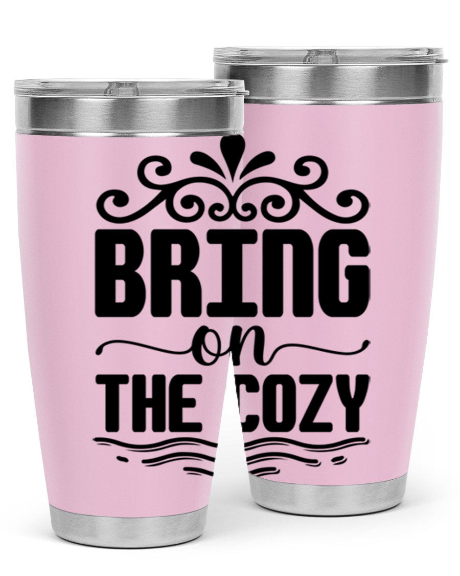 Bring on the Cozy 27# winter tumbler in stainless steel with a drink-thru lid, showcasing its sleek design and double wall insulation.