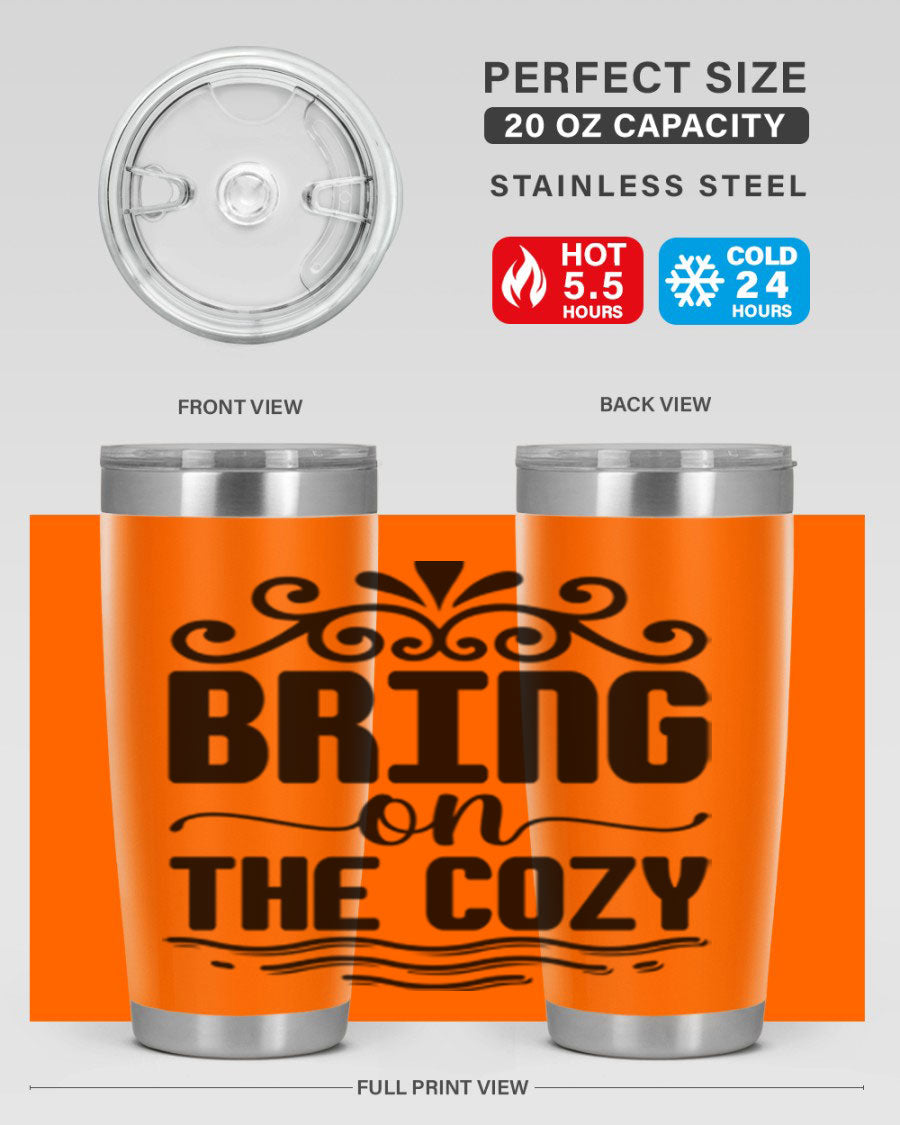 Bring on the Cozy 27# winter tumbler in stainless steel with a drink-thru lid, showcasing its sleek design and double wall insulation.