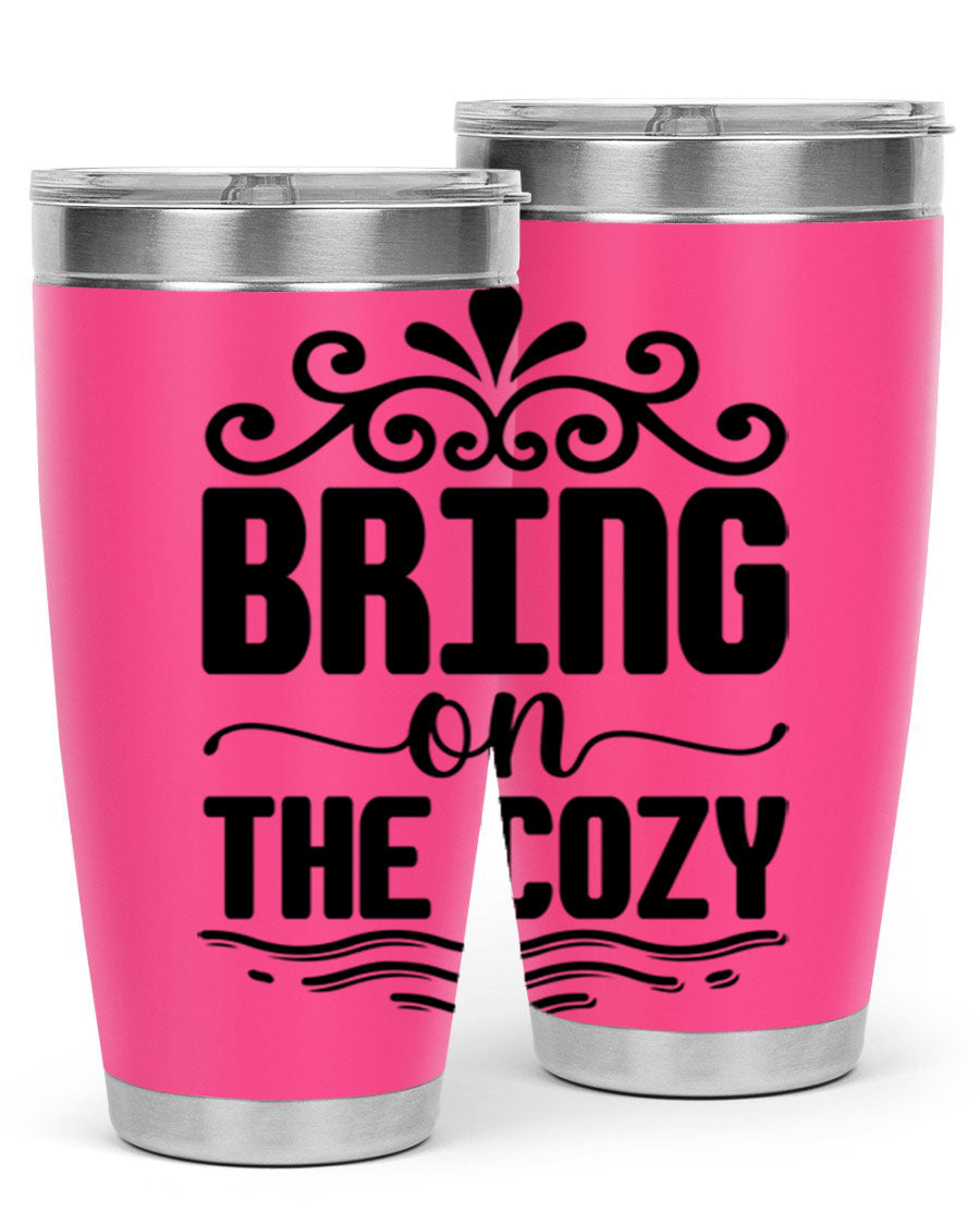 Bring on the Cozy 27# winter tumbler in stainless steel with a drink-thru lid, showcasing its sleek design and double wall insulation.