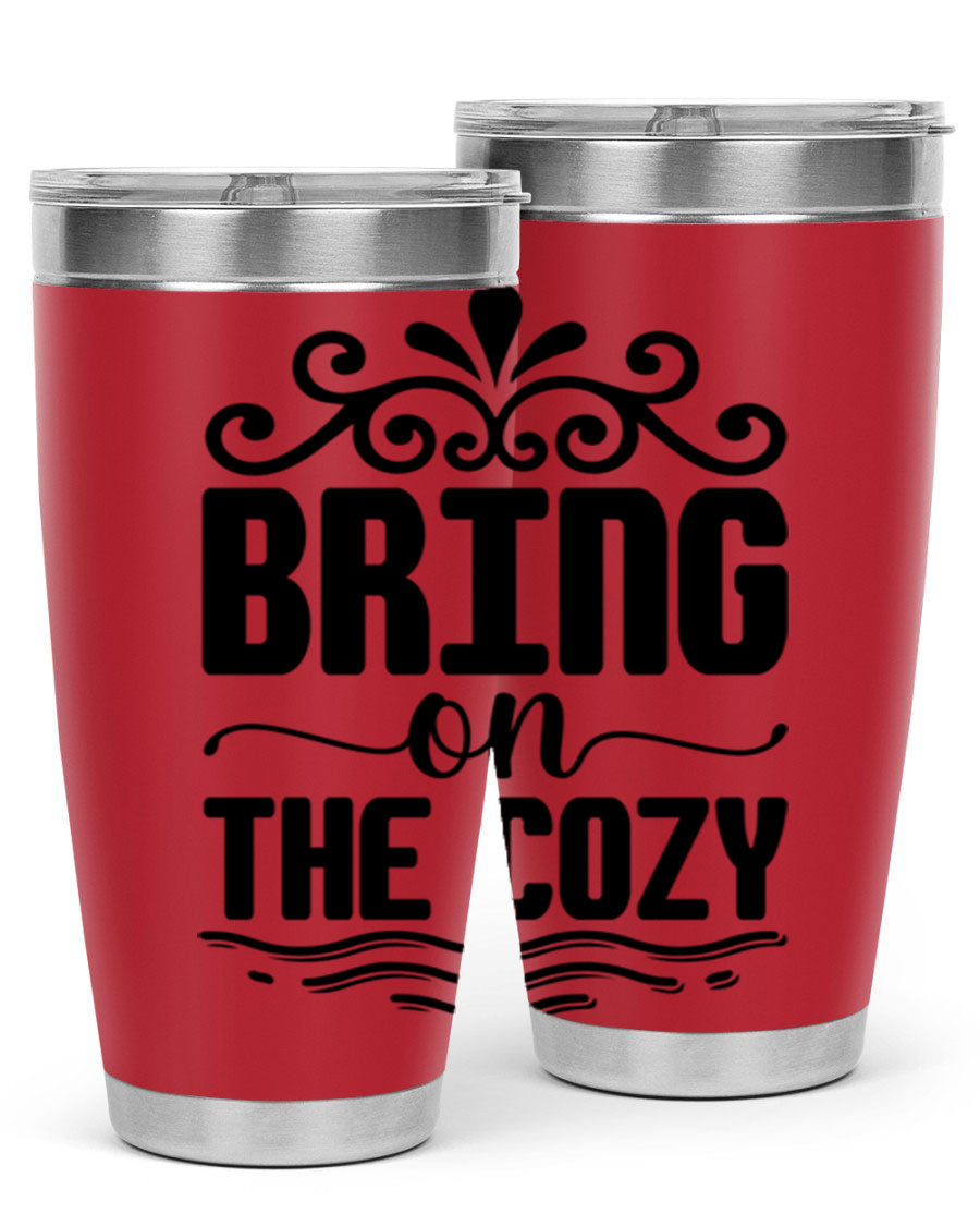Bring on the Cozy 27# winter tumbler in stainless steel with a drink-thru lid, showcasing its sleek design and double wall insulation.