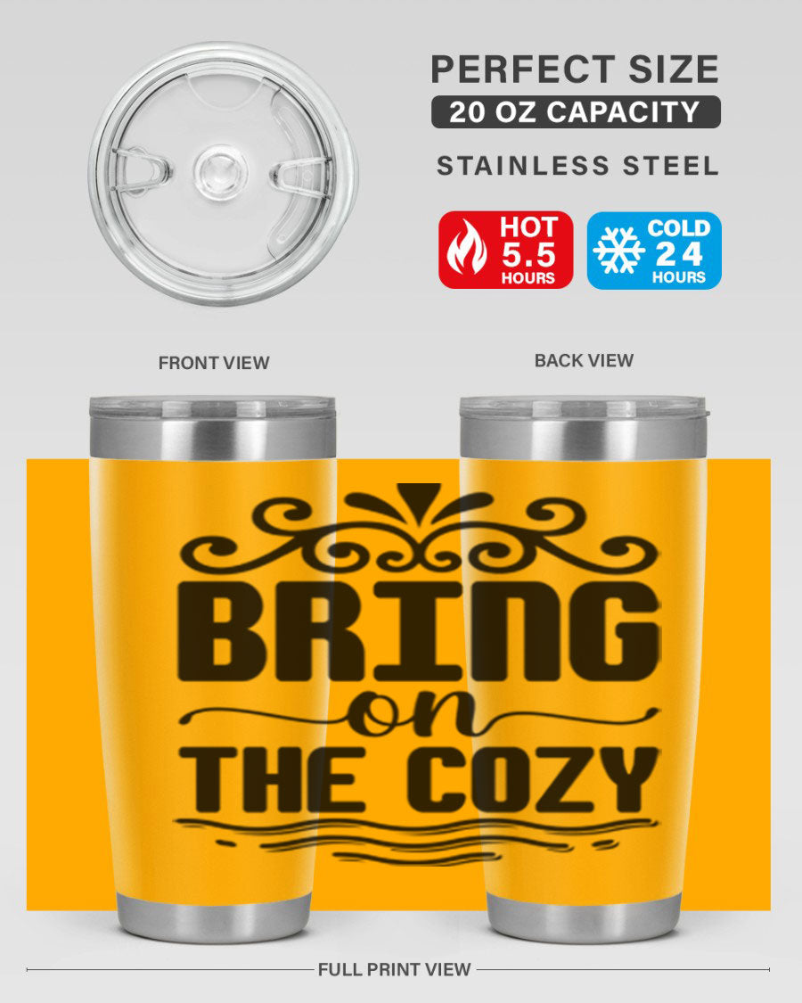 Bring on the Cozy 27# winter tumbler in stainless steel with a drink-thru lid, showcasing its sleek design and double wall insulation.
