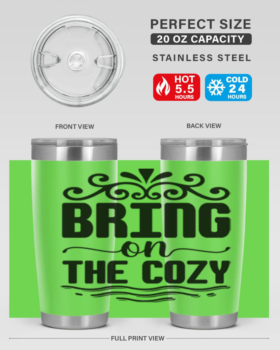 Bring on the Cozy 27# winter tumbler in stainless steel with a drink-thru lid, showcasing its sleek design and double wall insulation.