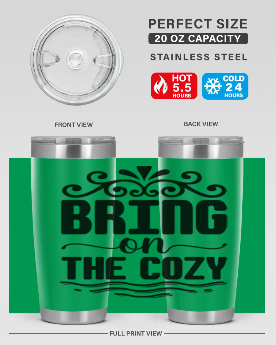 Bring on the Cozy 27# winter tumbler in stainless steel with a drink-thru lid, showcasing its sleek design and double wall insulation.