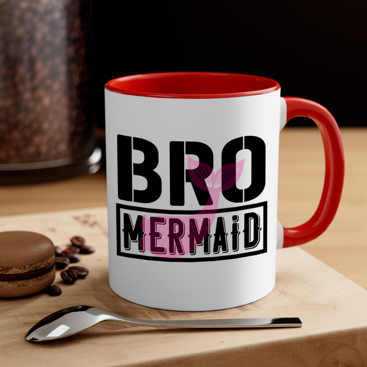 Bro Mermaid 85# Mug featuring a glossy finish with a colored handle and interior, available in five vibrant colors.