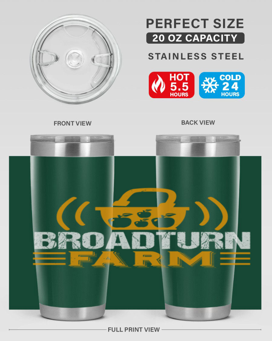 Broadturn Farm 20oz Tumbler made of stainless steel with a copper lining, featuring a drink-thru lid, ideal for hot and cold beverages.