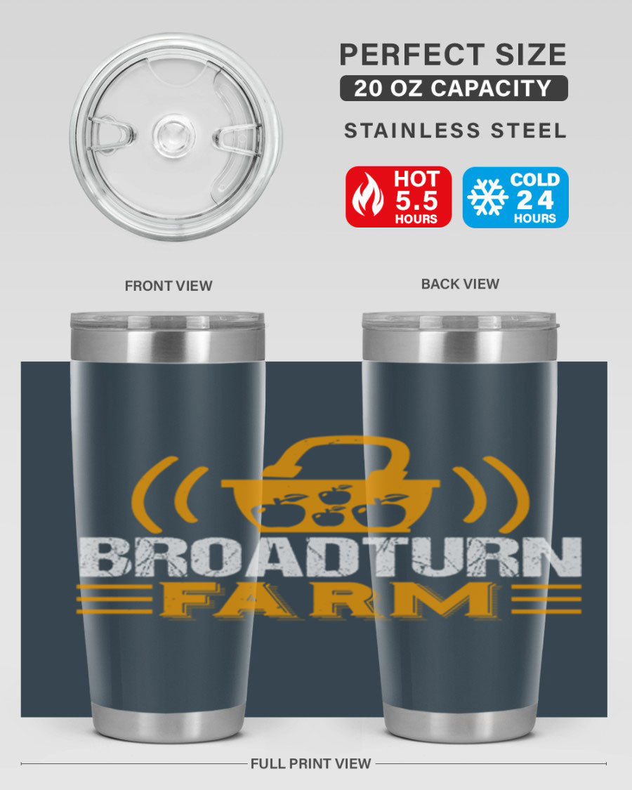 Broadturn Farm 20oz Tumbler made of stainless steel with a copper lining, featuring a drink-thru lid, ideal for hot and cold beverages.