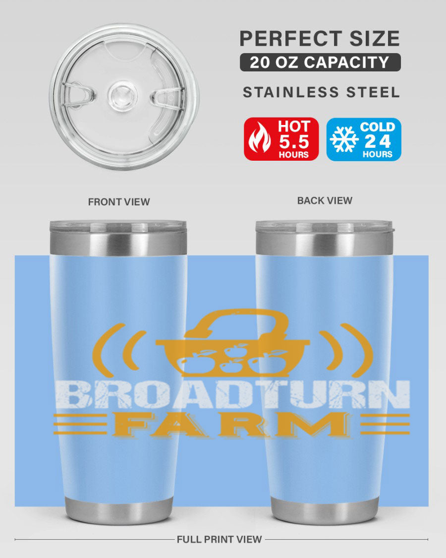 Broadturn Farm 20oz Tumbler made of stainless steel with a copper lining, featuring a drink-thru lid, ideal for hot and cold beverages.