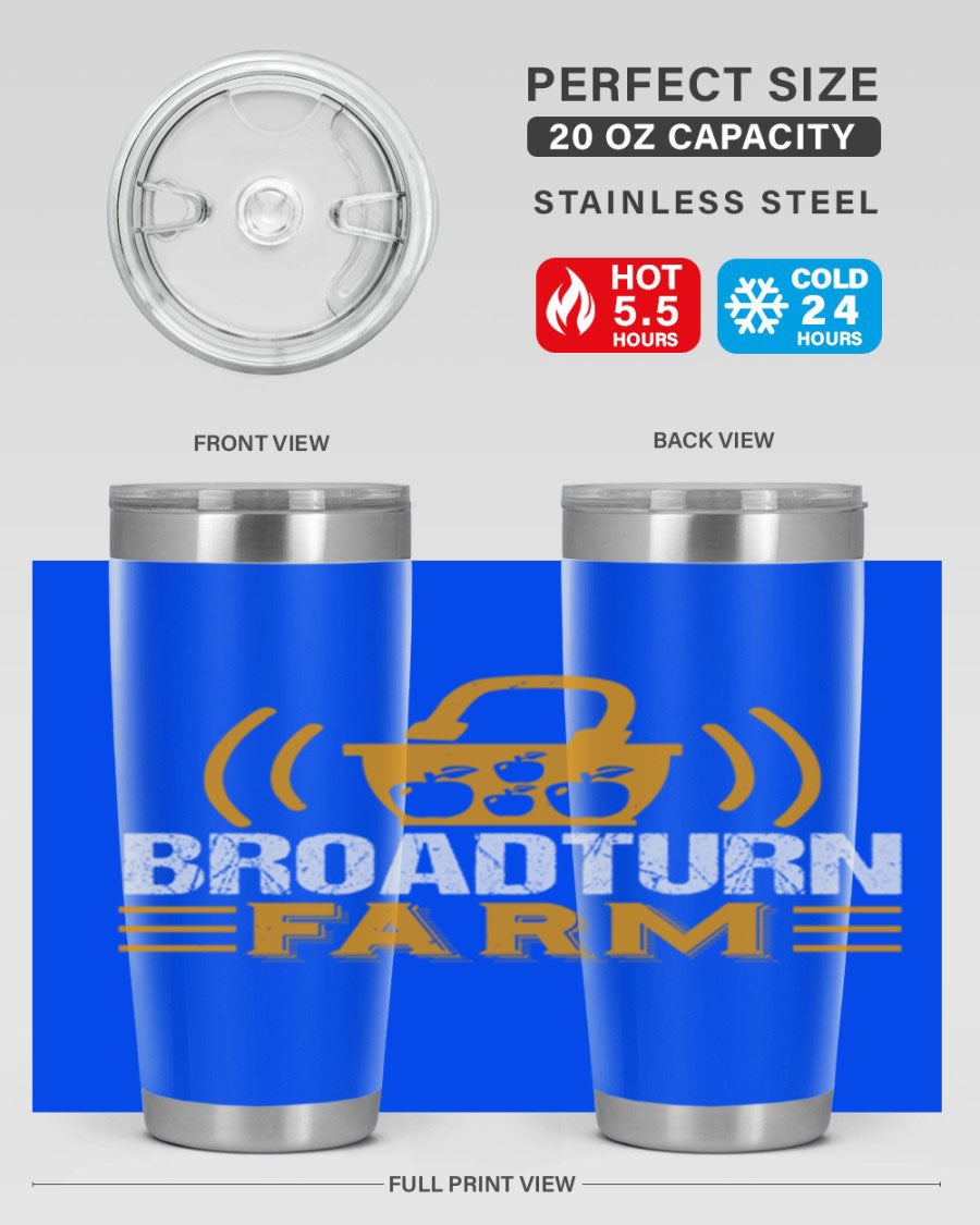Broadturn Farm 20oz Tumbler made of stainless steel with a copper lining, featuring a drink-thru lid, ideal for hot and cold beverages.