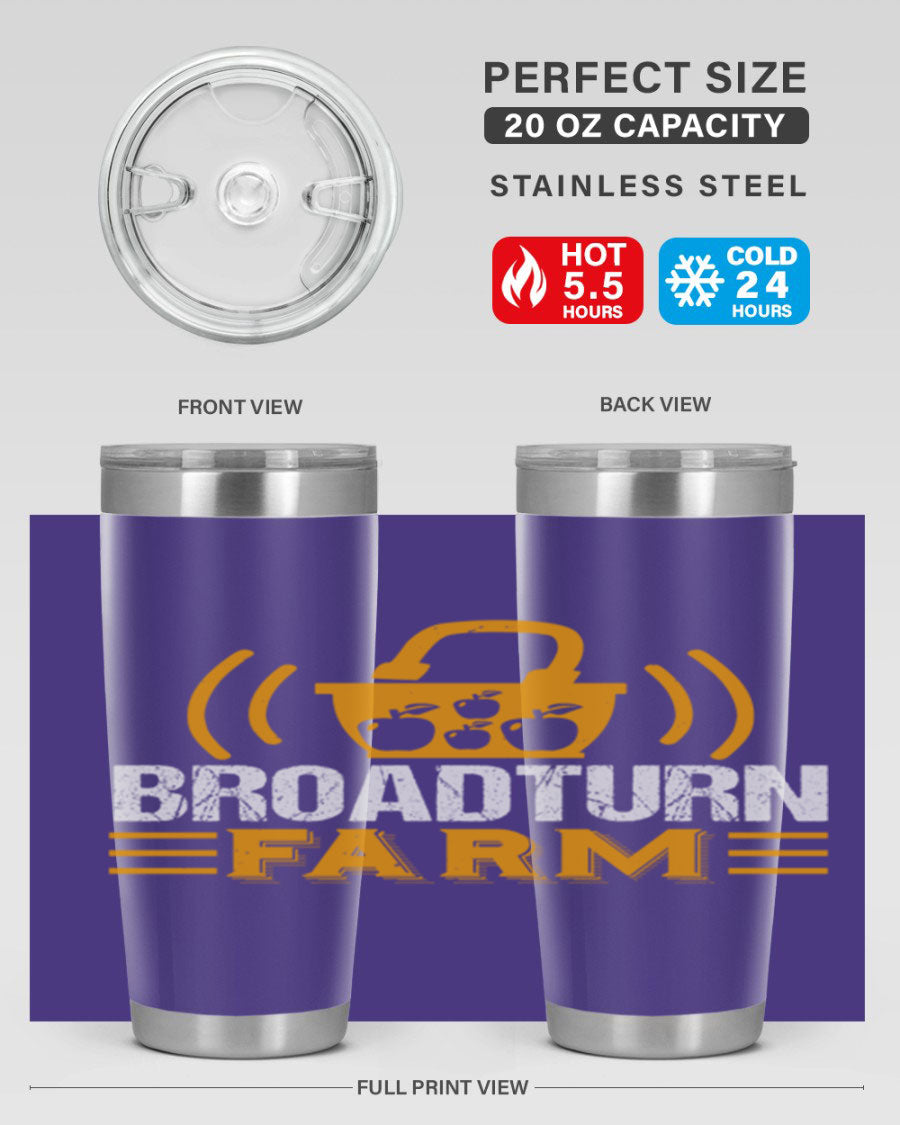 Broadturn Farm 20oz Tumbler made of stainless steel with a copper lining, featuring a drink-thru lid, ideal for hot and cold beverages.