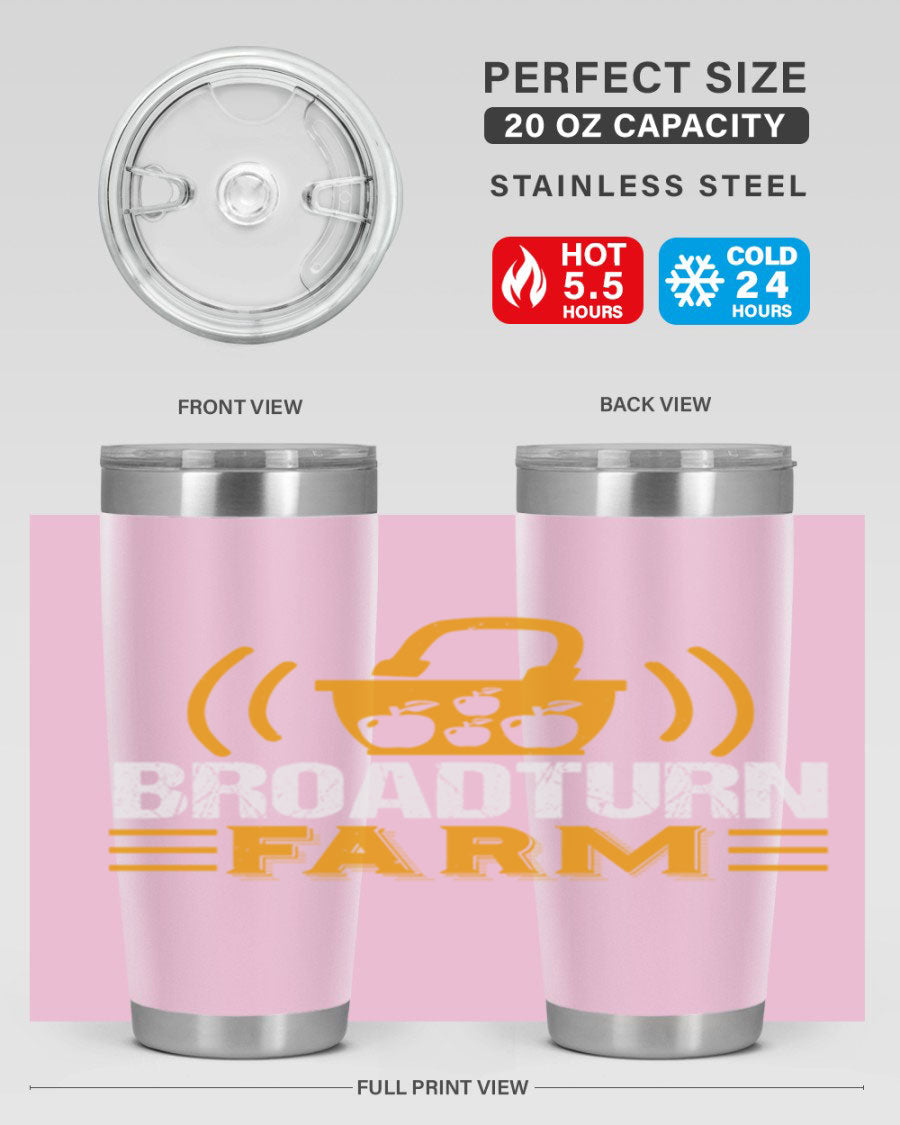 Broadturn Farm 20oz Tumbler made of stainless steel with a copper lining, featuring a drink-thru lid, ideal for hot and cold beverages.