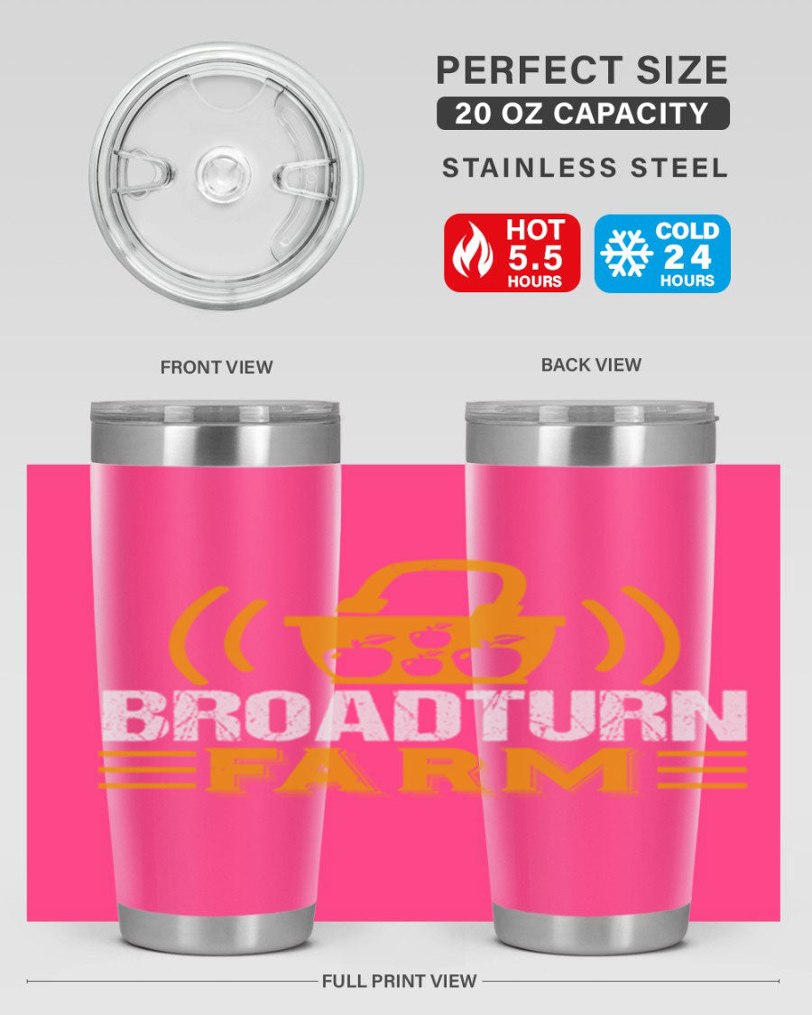 Broadturn Farm 20oz Tumbler made of stainless steel with a copper lining, featuring a drink-thru lid, ideal for hot and cold beverages.