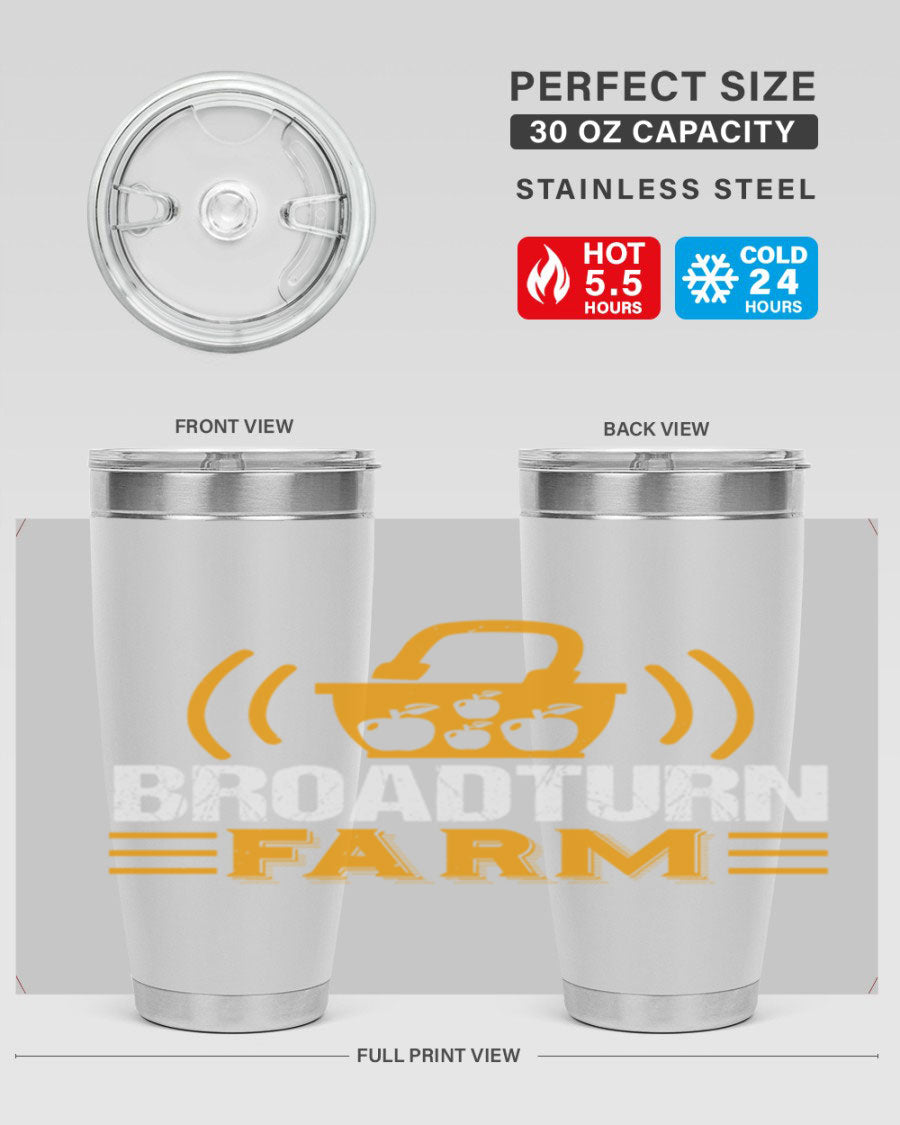 Broadturn Farm 20oz Tumbler made of stainless steel with a copper lining, featuring a drink-thru lid, ideal for hot and cold beverages.