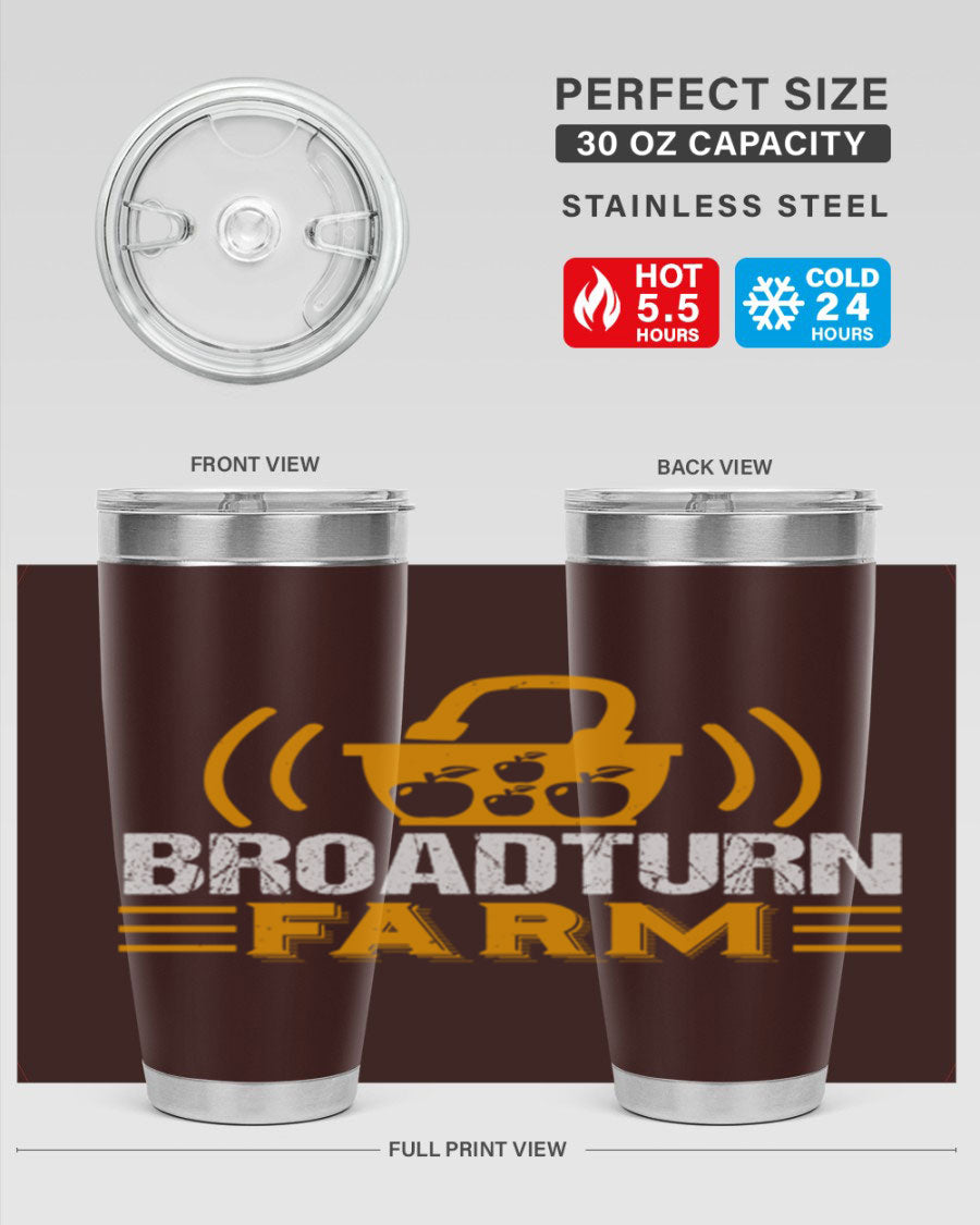 Broadturn Farm 20oz Tumbler made of stainless steel with a copper lining, featuring a drink-thru lid, ideal for hot and cold beverages.
