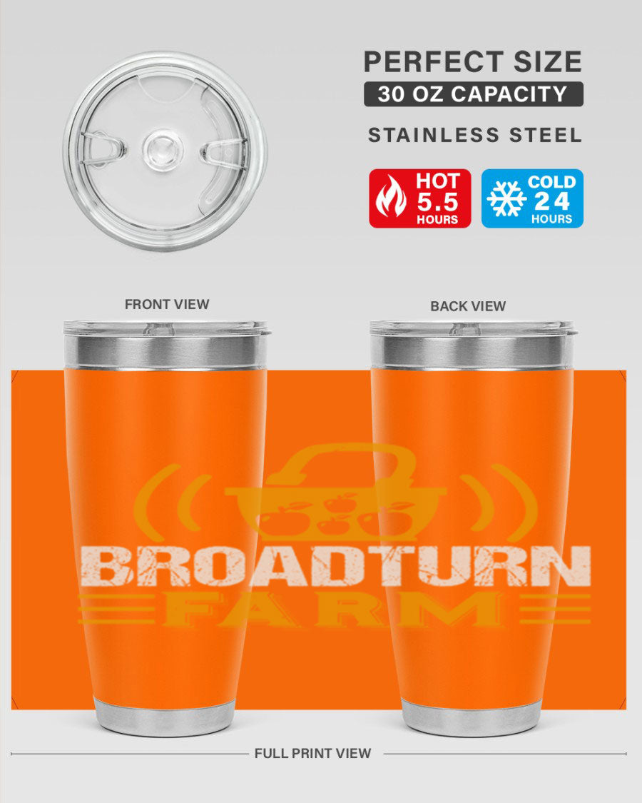 Broadturn Farm 20oz Tumbler made of stainless steel with a copper lining, featuring a drink-thru lid, ideal for hot and cold beverages.