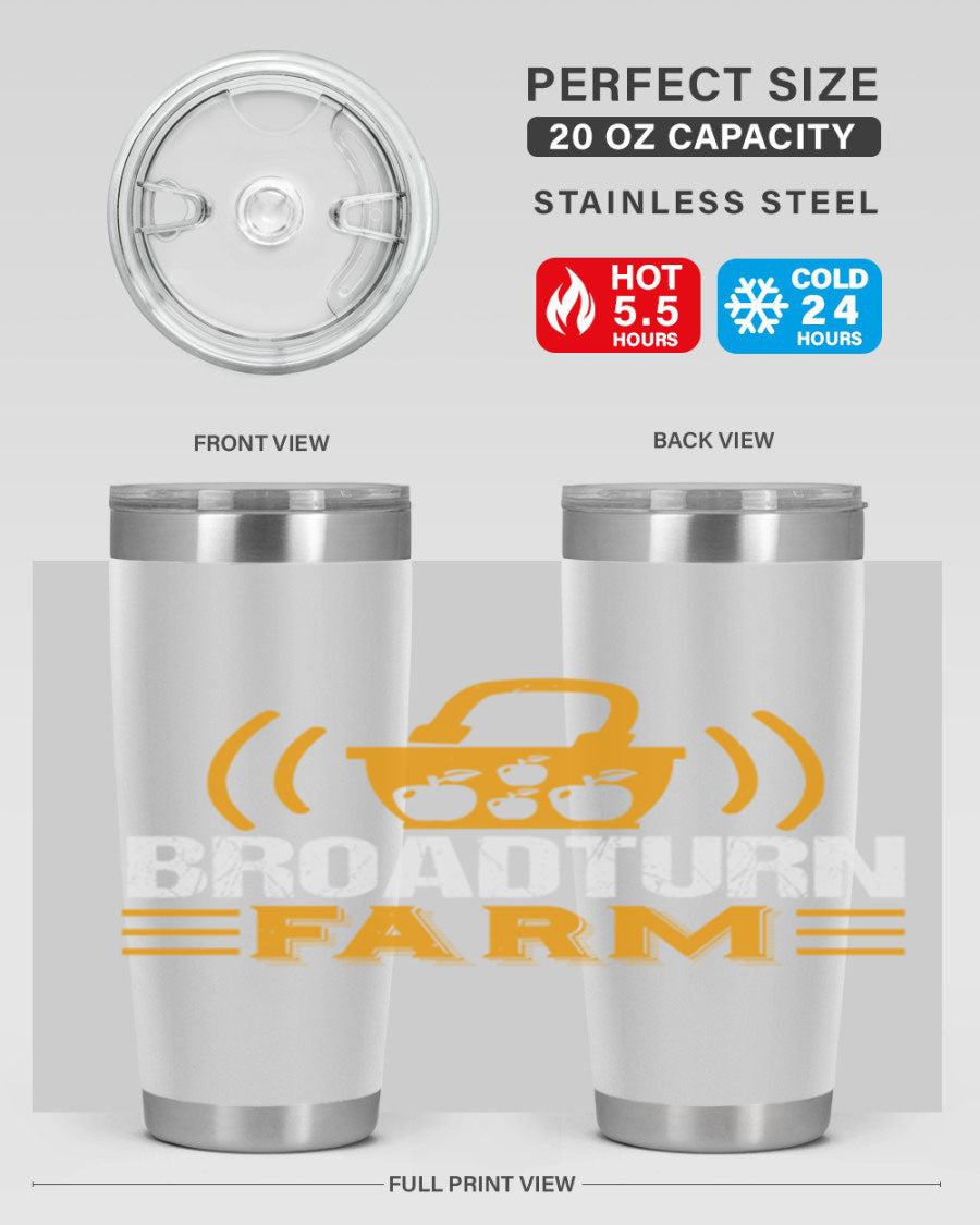 Broadturn Farm 20oz Tumbler made of stainless steel with a copper lining, featuring a drink-thru lid, ideal for hot and cold beverages.