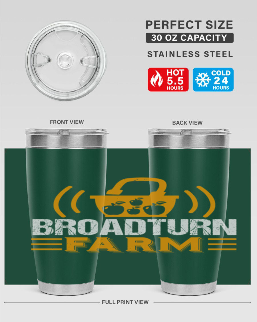 Broadturn Farm 20oz Tumbler made of stainless steel with a copper lining, featuring a drink-thru lid, ideal for hot and cold beverages.