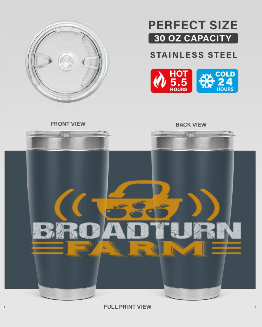Broadturn Farm 20oz Tumbler made of stainless steel with a copper lining, featuring a drink-thru lid, ideal for hot and cold beverages.