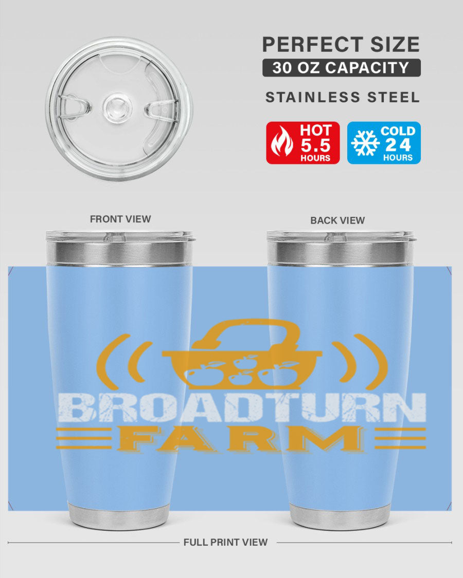 Broadturn Farm 20oz Tumbler made of stainless steel with a copper lining, featuring a drink-thru lid, ideal for hot and cold beverages.