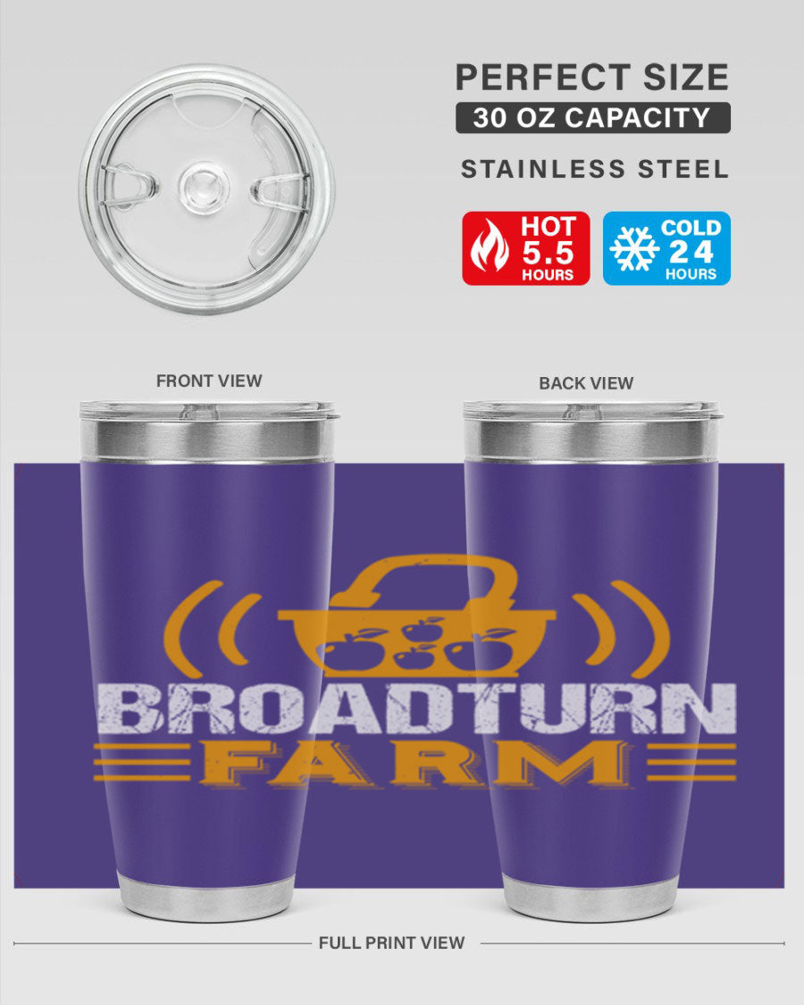 Broadturn Farm 20oz Tumbler made of stainless steel with a copper lining, featuring a drink-thru lid, ideal for hot and cold beverages.