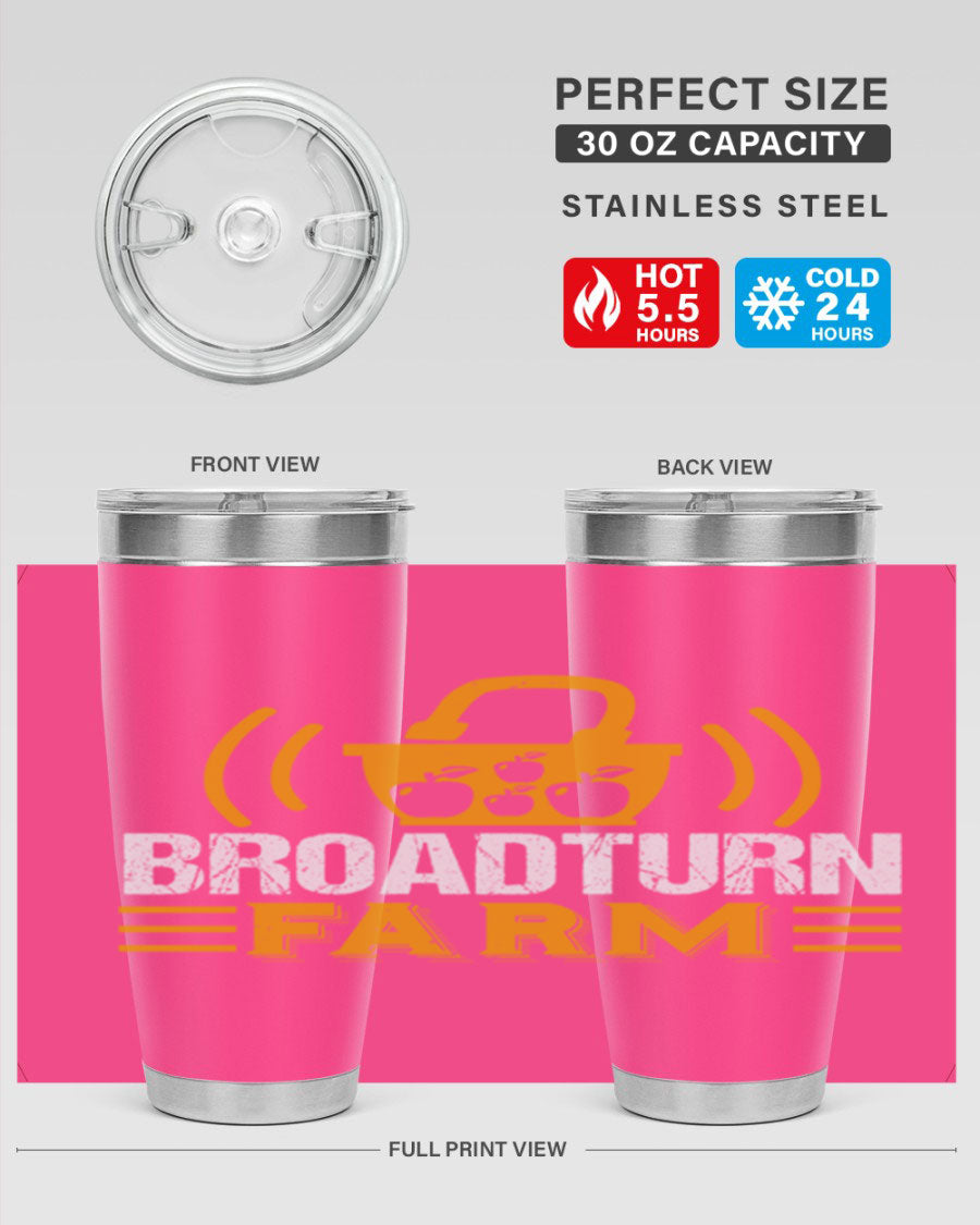 Broadturn Farm 20oz Tumbler made of stainless steel with a copper lining, featuring a drink-thru lid, ideal for hot and cold beverages.