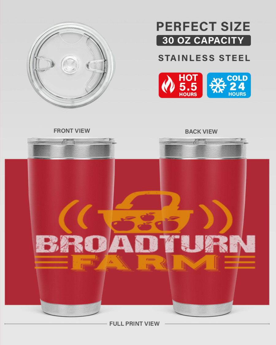 Broadturn Farm 20oz Tumbler made of stainless steel with a copper lining, featuring a drink-thru lid, ideal for hot and cold beverages.