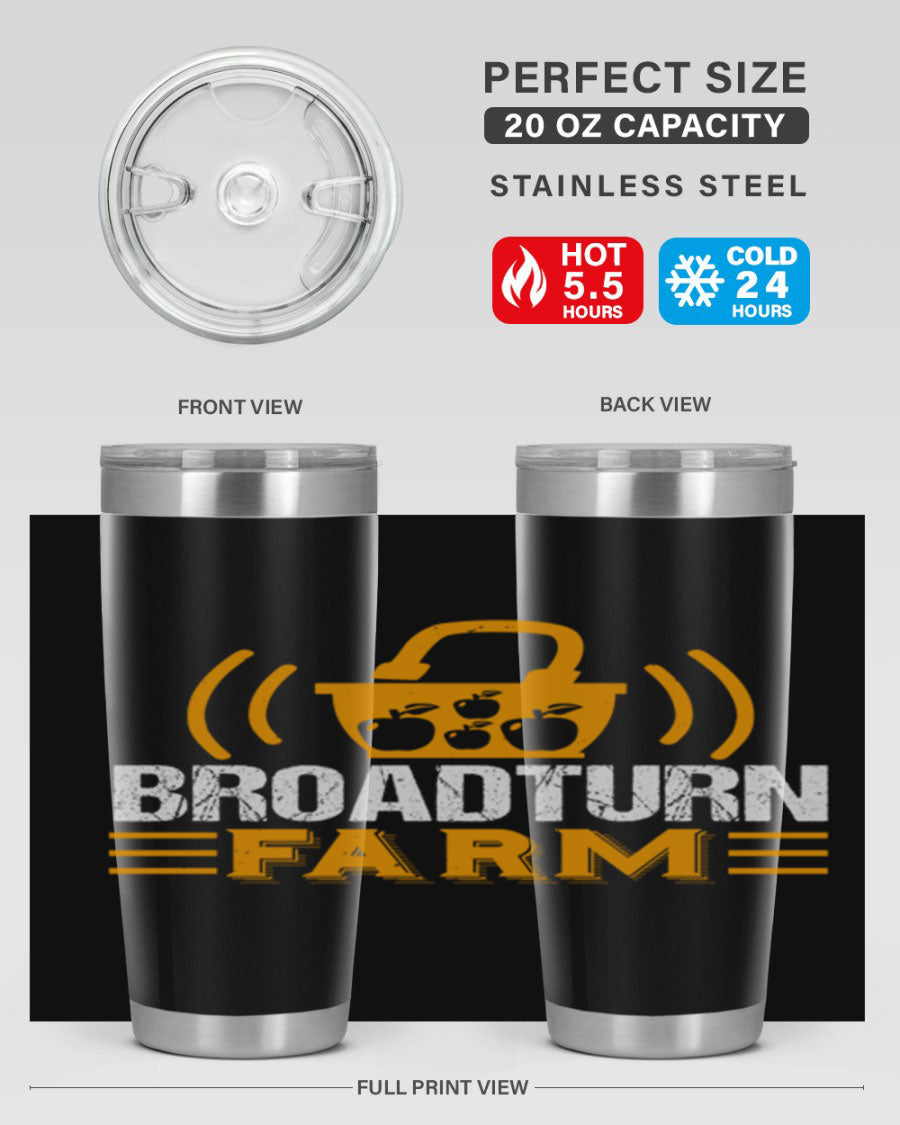 Broadturn Farm 20oz Tumbler made of stainless steel with a copper lining, featuring a drink-thru lid, ideal for hot and cold beverages.