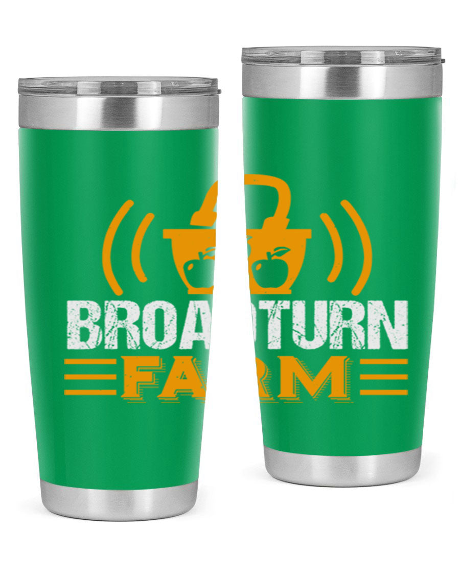 Broadturn Farm 20oz Tumbler made of stainless steel with a copper lining, featuring a drink-thru lid, ideal for hot and cold beverages.