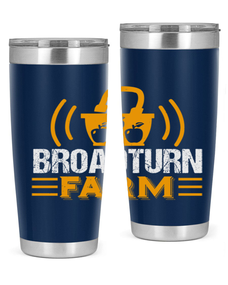 Broadturn Farm 20oz Tumbler made of stainless steel with a copper lining, featuring a drink-thru lid, ideal for hot and cold beverages.