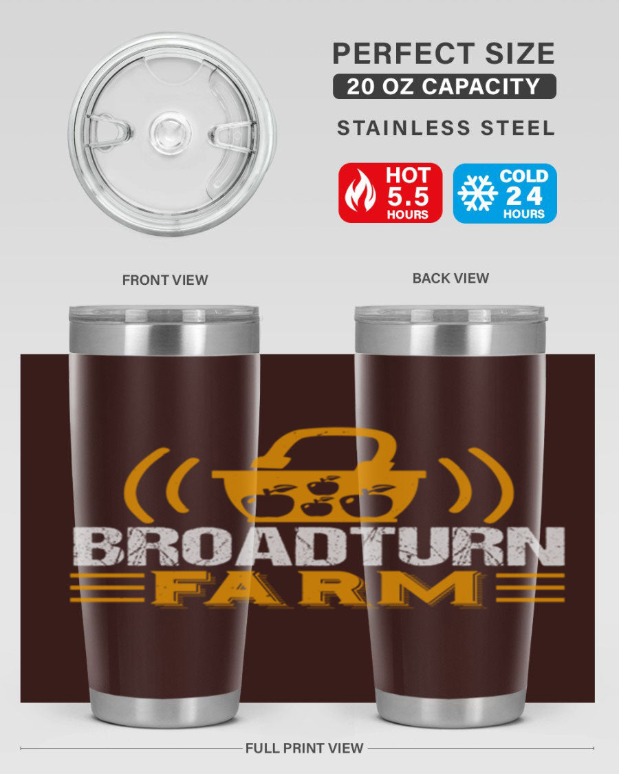 Broadturn Farm 20oz Tumbler made of stainless steel with a copper lining, featuring a drink-thru lid, ideal for hot and cold beverages.