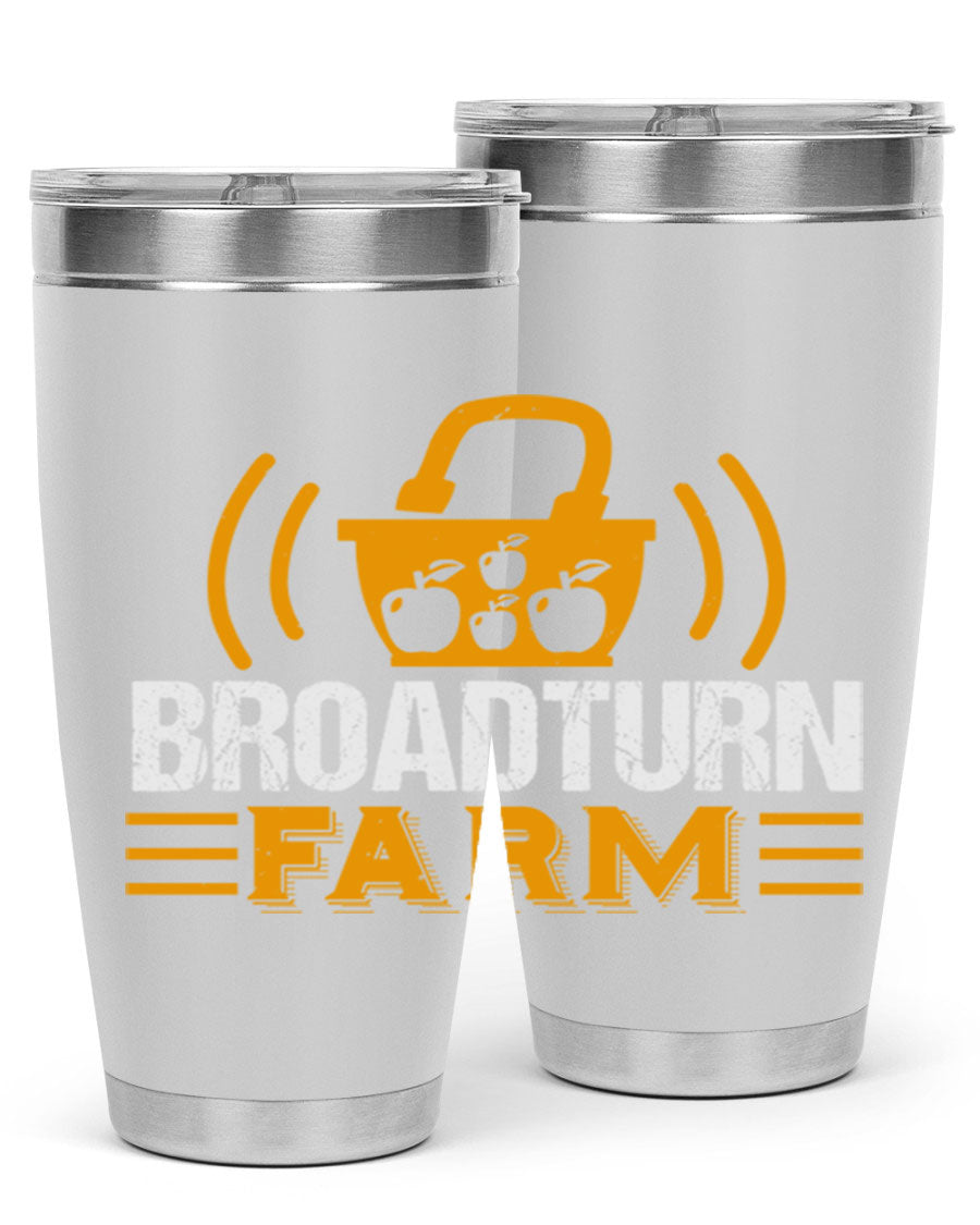 Broadturn Farm 20oz Tumbler made of stainless steel with a copper lining, featuring a drink-thru lid, ideal for hot and cold beverages.
