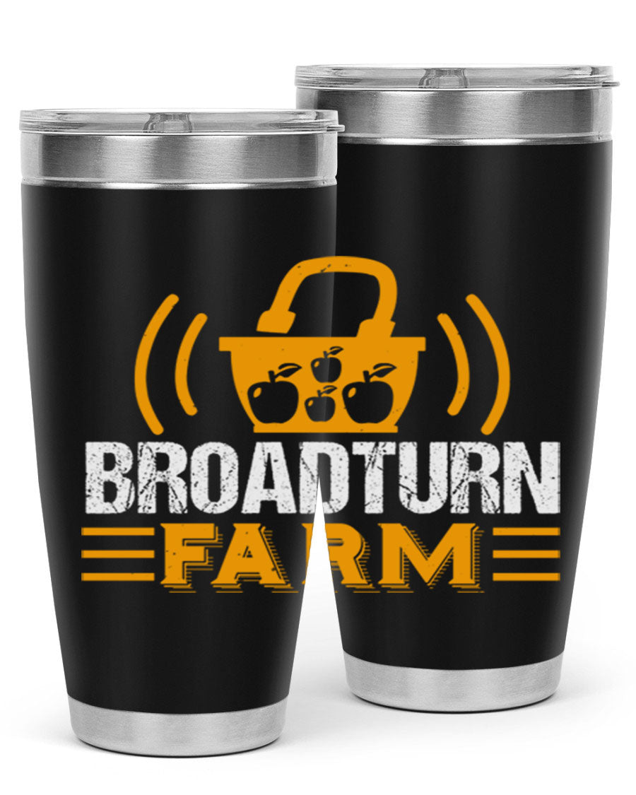 Broadturn Farm 20oz Tumbler made of stainless steel with a copper lining, featuring a drink-thru lid, ideal for hot and cold beverages.