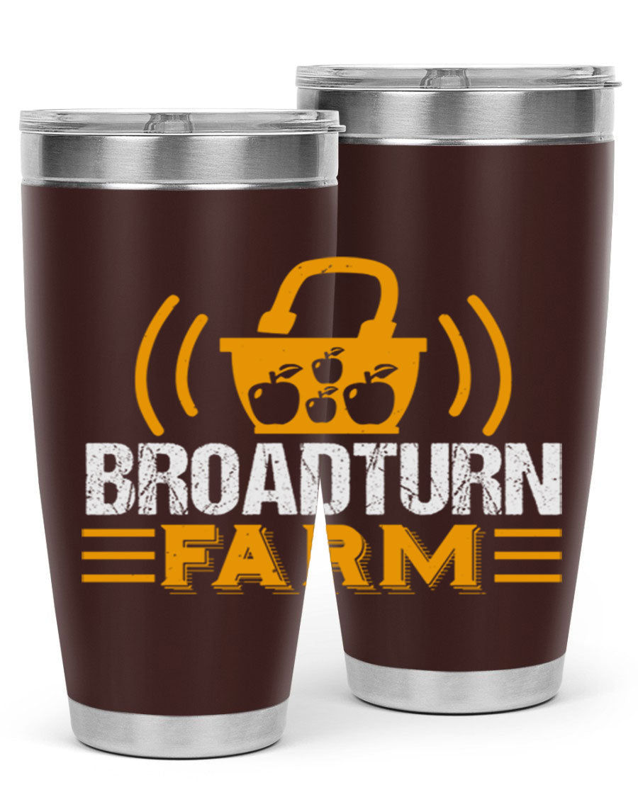 Broadturn Farm 20oz Tumbler made of stainless steel with a copper lining, featuring a drink-thru lid, ideal for hot and cold beverages.