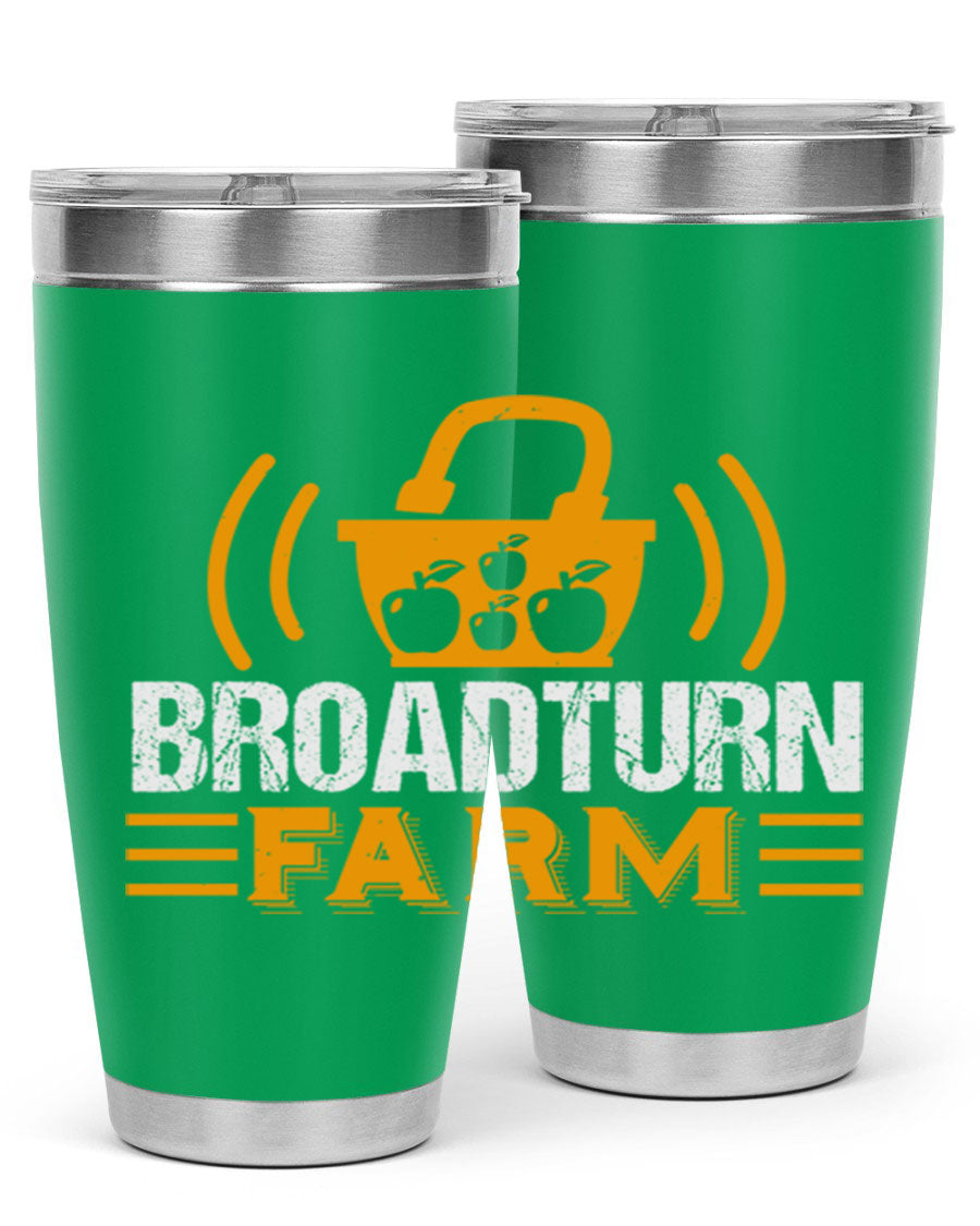 Broadturn Farm 20oz Tumbler made of stainless steel with a copper lining, featuring a drink-thru lid, ideal for hot and cold beverages.